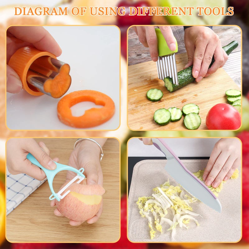 RISICULIS 11 Pieces Wooden Kids Kitchen Knife  Pink Kids Knife Set Include Wood Kids Knife  Serrated Edges Plastic Toddler Knife  Crinkle Cutter  Sandwich Cutter  Y Peeler  Cutting Board - Image 3
